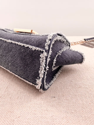 Zac Posen denim fringe trim small chain strap bag
