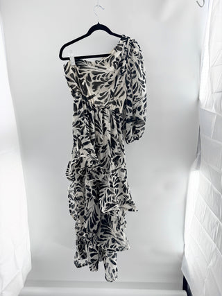 Alexis Botanical One Shoulder Ruffle Asymmetric Maxi Dress White Black Small