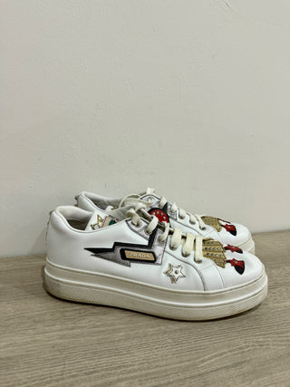 Prada Leather Robot Queen Patchwork Low Top Platform Sneaker White Women's EU 39