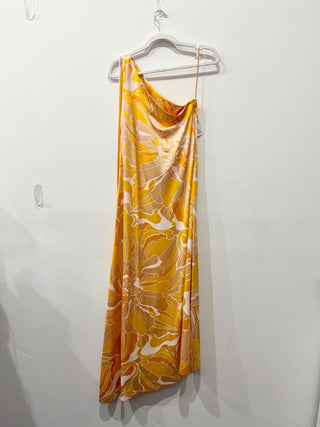 Alexis Lef Floral Asymmetric Neck One Shoulder A-Line Maxi Dress Yellow Size M