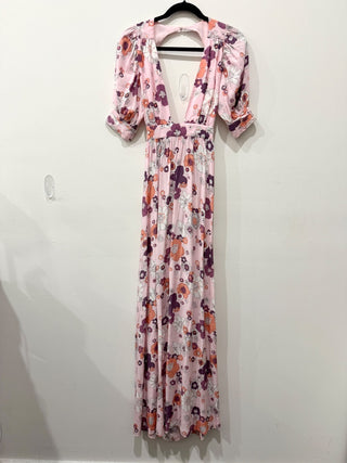 NWT For Love & Lemons Magnolia V-Neck Open Back Maxi Dress Pink Blossom Women XS