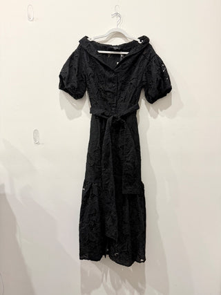 Padova Eyelet Puff Sleeve Off Shoulder Maxi Dress with Belt Black Women's Size S