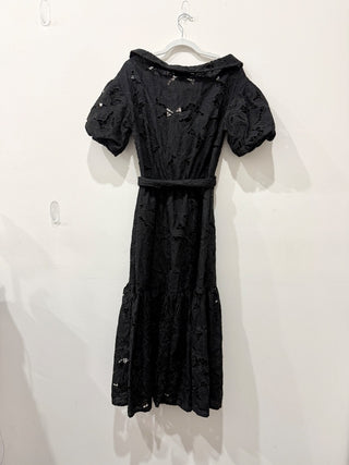 Padova Eyelet Puff Sleeve Off Shoulder Maxi Dress with Belt Black Women's Size S