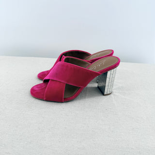 Lola Cruz Suede Crossover Straps Mule with Mirrored Geometric Block Heel Pink 39