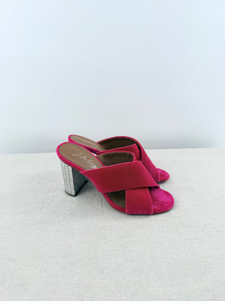 Lola Cruz Suede Crossover Straps Mule with Mirrored Geometric Block Heel Pink 39