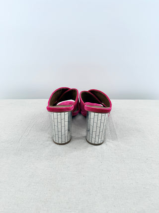 Lola Cruz Suede Crossover Straps Mule with Mirrored Geometric Block Heel Pink 39