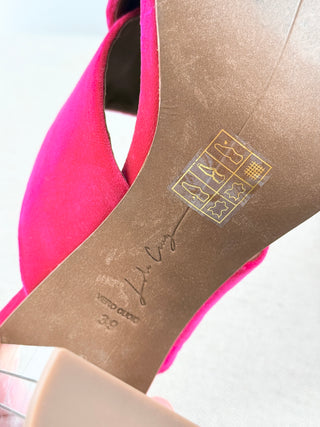 Lola Cruz Suede Crossover Straps Mule with Mirrored Geometric Block Heel Pink 39