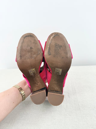 Lola Cruz Suede Crossover Straps Mule with Mirrored Geometric Block Heel Pink 39