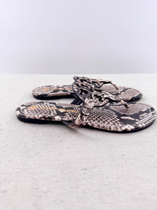 Tory Burch Miller Stamped Snakeskin Leather Sandals Flats White Black Womens 6.5