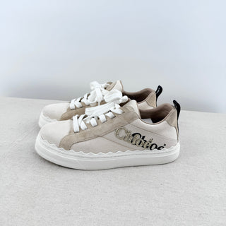 Chloe Lauren Logo Embroidery Canvas and Suede Sneakers White Women's EU 38