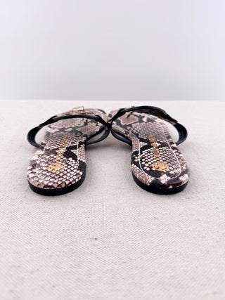 Tory Burch Miller Stamped Snakeskin Leather Sandals Flats White Black Womens 6.5