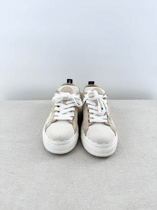 Chloe Lauren Logo Embroidery Canvas and Suede Sneakers White Women's EU 38