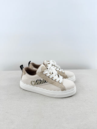 Chloe Lauren Logo Embroidery Canvas and Suede Sneakers White Women's EU 38