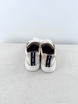 Chloe Lauren Logo Embroidery Canvas and Suede Sneakers White Women's EU 38