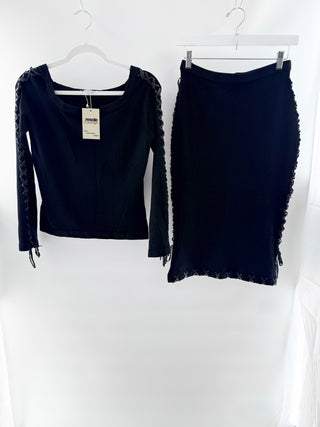 Alberto Makali silk blend knit set with leather detail top and midi skirt, S
