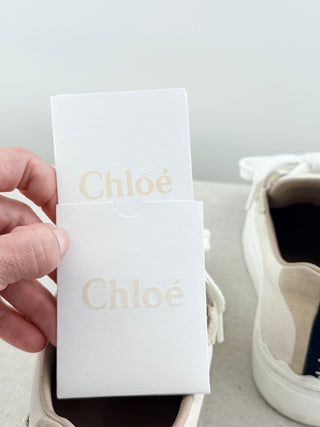 Chloe Lauren Logo Embroidery Canvas and Suede Sneakers White Women's EU 38