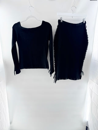 Alberto Makali silk blend knit set with leather detail top and midi skirt, S