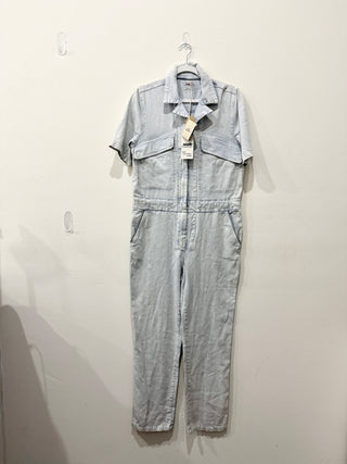 NWT Faherty Blythe Notch Lapel Straight Leg Denim Jumpsuit Light Wash Women's S