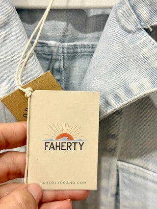 NWT Faherty Blythe Notch Lapel Straight Leg Denim Jumpsuit Light Wash Women's S