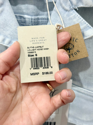 NWT Faherty Blythe Notch Lapel Straight Leg Denim Jumpsuit Light Wash Women's S