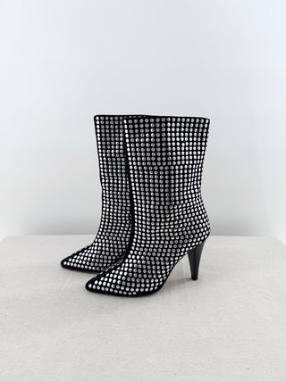 IRO Crystal-Studded Leather Stiletto Heel Ankle Boots Black Women's Size EU 39