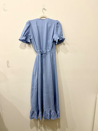 & Other Stories Puff Sleeve Surplice V-Neck Ruffle Trim Wrap Dress Blue Womens 8