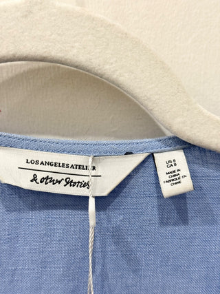 & Other Stories Puff Sleeve Surplice V-Neck Ruffle Trim Wrap Dress Blue Womens 8