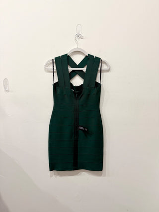 NWT Hervé Léger Crisscross Neck Bandage Mini Dress Forest Green Women's Size M