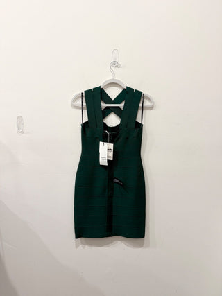 NWT Hervé Léger Crisscross Neck Bandage Mini Dress Forest Green Women's Size M