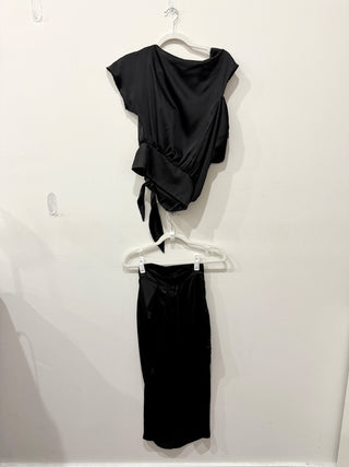 Hipnos Matching Satin Set: Blouse and Wrap Skirt Black Womens Top M / Bottom M/L