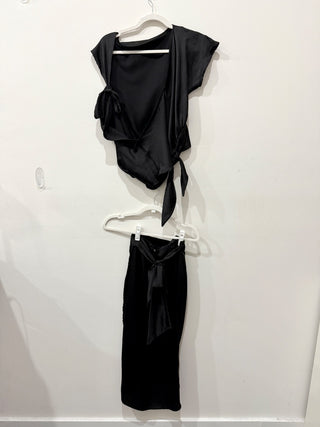 Hipnos Matching Satin Set: Blouse and Wrap Skirt Black Womens Top M / Bottom M/L