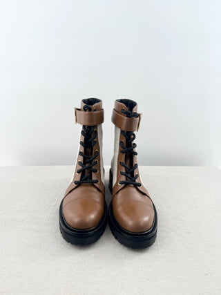 Balmain Ranger Romy Monogram Canvas Leather Combat Boots Nature Cognac EU 40