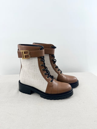 Balmain Ranger Romy Monogram Canvas Leather Combat Boots Nature Cognac EU 40