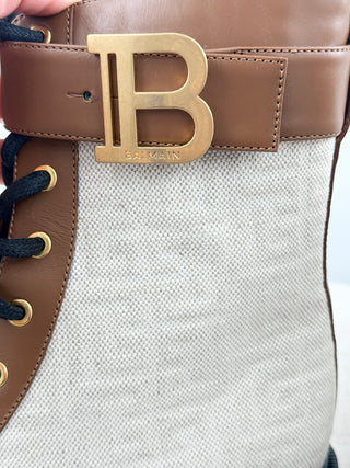 Balmain Ranger Romy Monogram Canvas Leather Combat Boots Nature Cognac EU 40