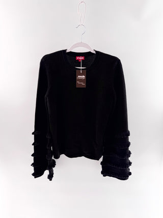 Staud Wide Sleeves with Fringe Knitted Pullover Sweater Black Women's Size Small