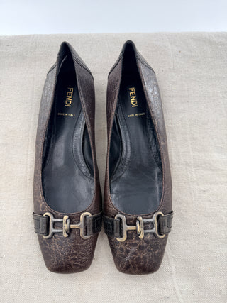 Fendi metallic leather square toe flats, 38.5