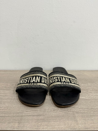 DIOR Dway Embroidered Christian Dior Cotton Slide Flat Sandals Black Women's 38