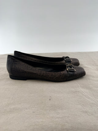Fendi metallic leather square toe flats, 38.5