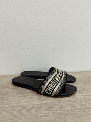 DIOR Dway Embroidered Christian Dior Cotton Slide Flat Sandals Black Women's 38