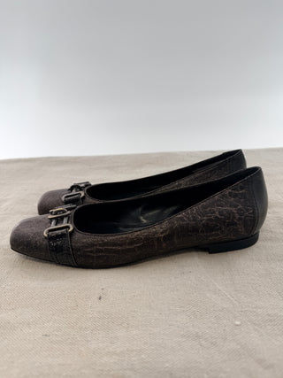 Fendi metallic leather square toe flats, 38.5