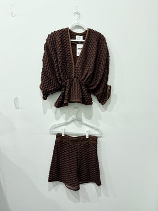 Azulu Matching Set: Textured V-Neck Top and High Waisted Shorts Chocolate Small