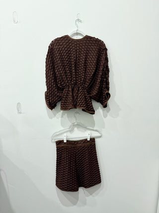 Azulu Matching Set: Textured V-Neck Top and High Waisted Shorts Chocolate Small