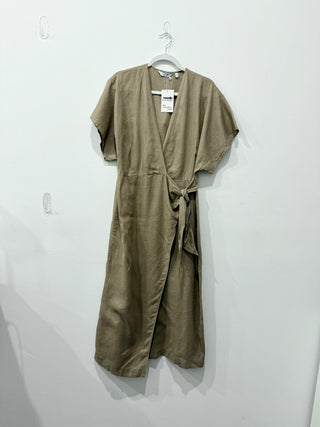 & other stories 100% Linen Short Sleeve Wrap Maxi Dress Beige Women's Size 8