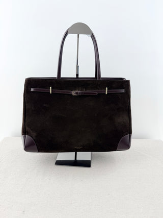 Verafied top handle suede and leather bag with long strap
