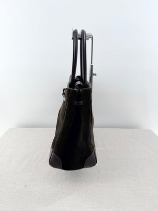 Verafied top handle suede and leather bag with long strap