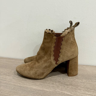 Chloé Lauren Scalloped Suede Ankle Western Boots Caramel Women's 38.5 / US 8.5