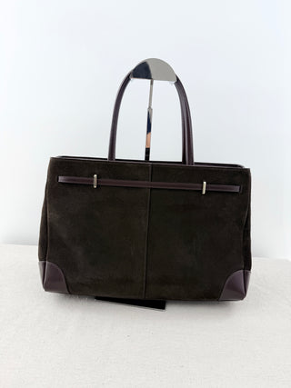 Verafied top handle suede and leather bag with long strap