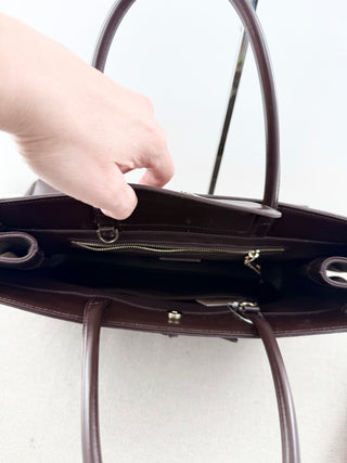 Verafied top handle suede and leather bag with long strap