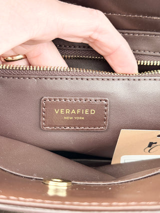 Verafied top handle suede and leather bag with long strap