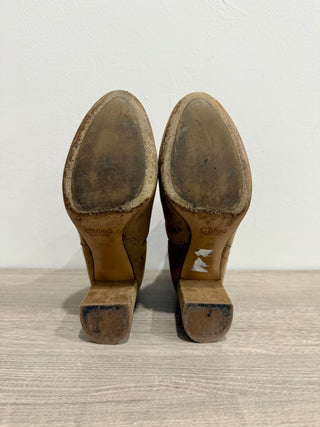 Chloé Lauren Scalloped Suede Ankle Western Boots Caramel Women's 38.5 / US 8.5